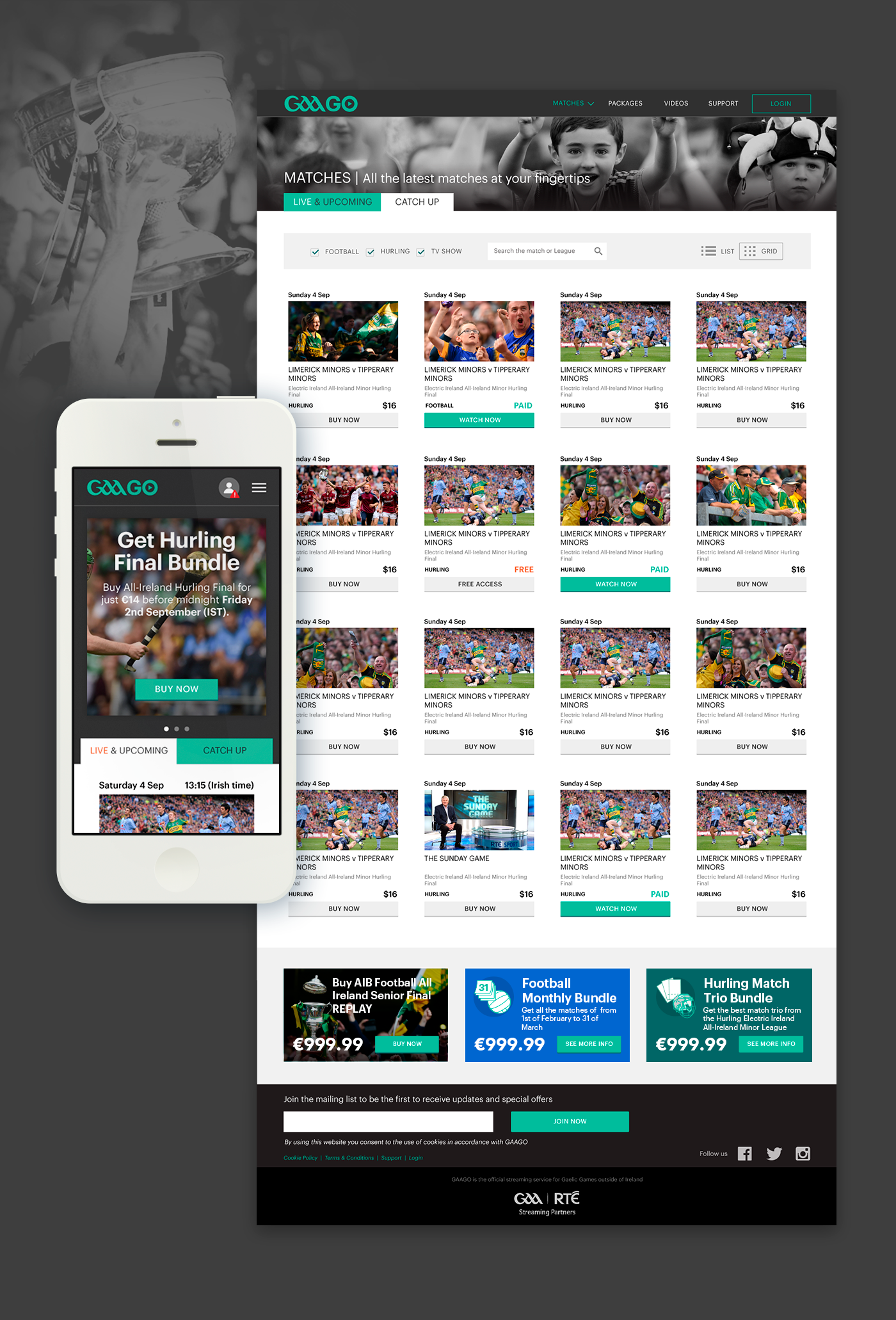 GAAGO matches list mockups and home page in mobile view